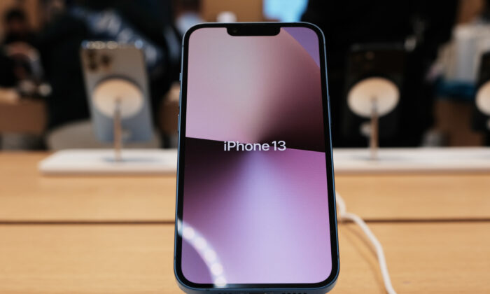The new line of iPhone 13's are displayed at the Fifth Avenue Apple Store during the launch of the phones in New York, on Sept. 24, 2021. (Spencer Platt/Getty Images)