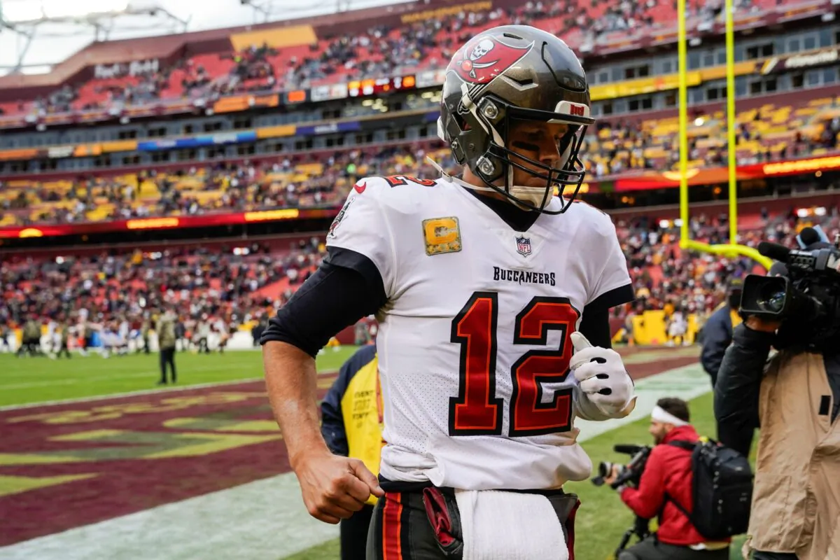 Tampa Bay Buccaneers quarterback Tom Brady jogs off the field after an NFL football game against the Washington Football Team in Landover, Md., Nov. 14, 2021. (Patrick Semansky/AP Photo)