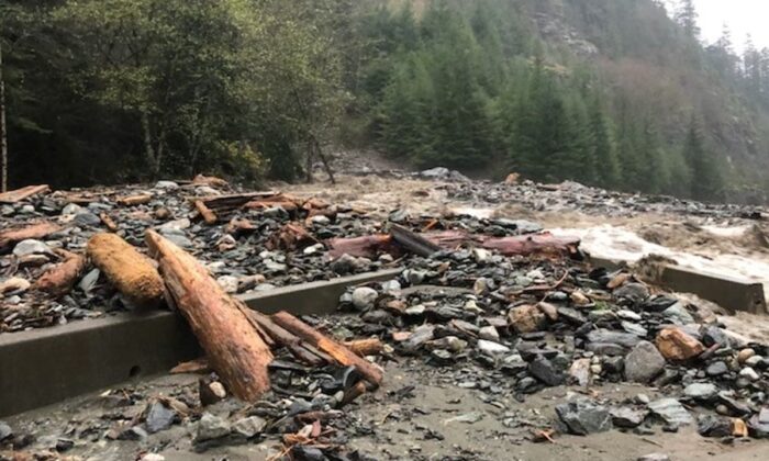 Debris lie on the ground after a landslide and flood, near Ten Mile, British Columbia, Canada, on Nov. 15, 2021. (B.C. Ministry of Transportation and Infrastructure/Handout via Reuters)