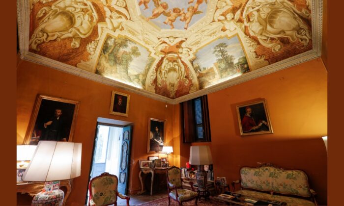 A general view shows a room, with frescoes on the ceiling by Italian artists including Guercino and Domenichino, inside Villa Aurora, a building that boasts Caravaggio's only ceiling mural, in Rome, Italy, on Nov. 16, 2021. (Remo Casilli/Reuters)