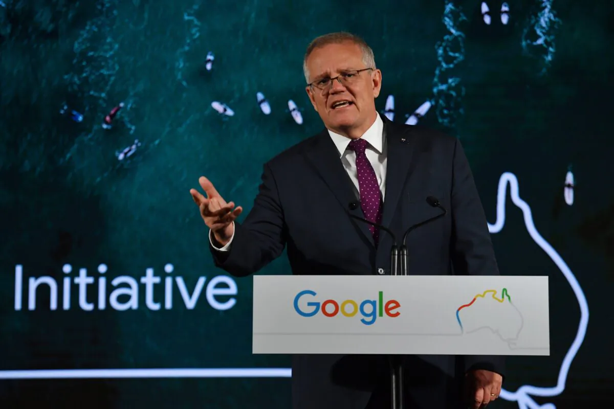 Prime Minister Scott Morrison during a visit to Google Australia in Sydney, Australia, on Nov. 16, 2021. (AAP Image/Dean Lewins) 