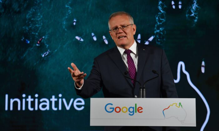 Prime Minister Scott Morrison during a visit to Google Australia in Sydney, Australia, on Nov. 16, 2021. (AAP Image/Dean Lewins) 