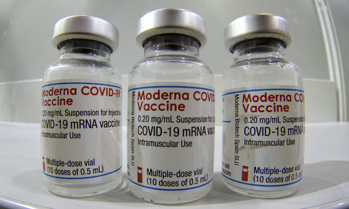 Three vials of the Moderna COVID-19 Vaccine are pictured on Feb. 17, 2021. (Michael Sohn/AP Photo)