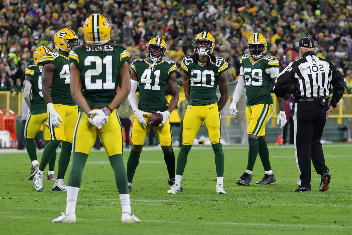 Kevin King #20 of the Green Bay Packers celebrates after an interception during a game against the Seattle Seahawks at Lambeau Field in Green Bay, Wisconsin, on Nov. 14, 2021. (Stacy Revere/Getty Images)