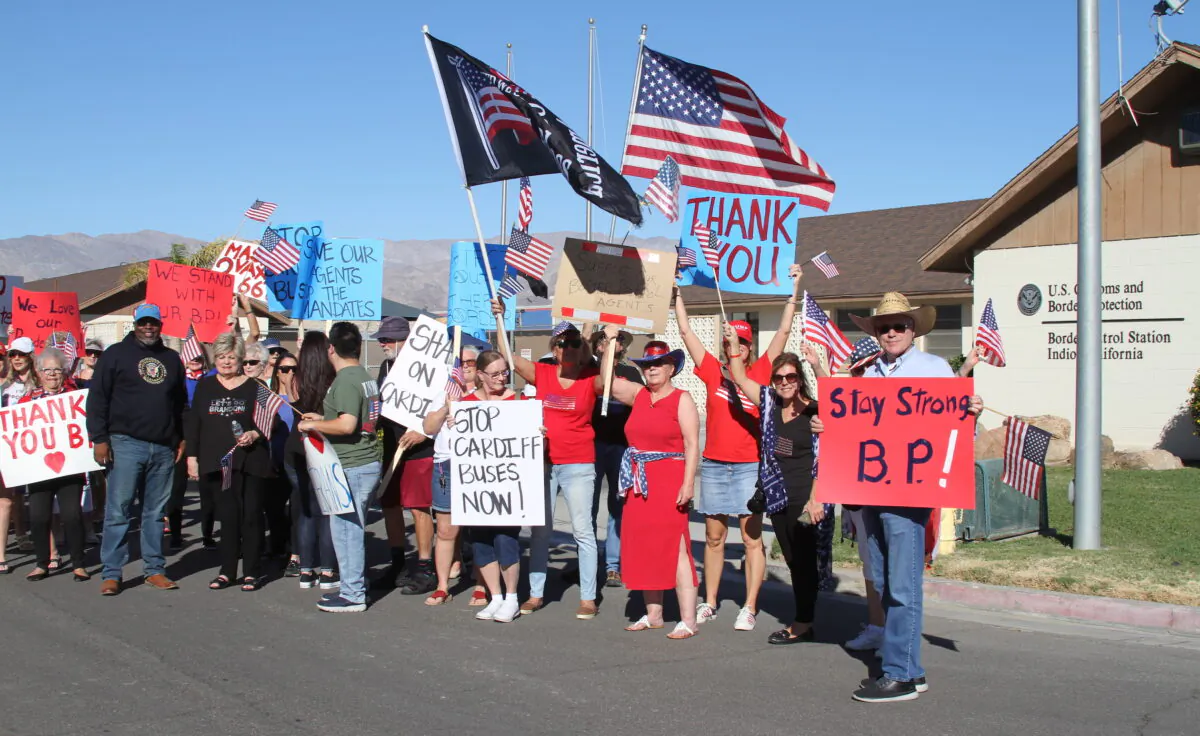 Demonstrators gather at a Border Patrol facility in Indio, Calif., on Nov. 11, 2021. (Brad Jones/The Epoch Times)