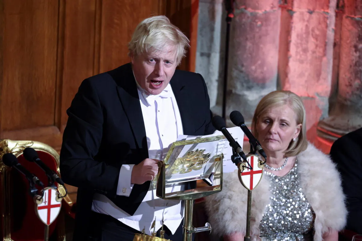 Britain's Prime Minister Boris Johnson speaks at the annual Lord Mayor's Banquet at Guildhall in London, Britain, Nov. 15, 2021. (ReutersTom Nicholson)