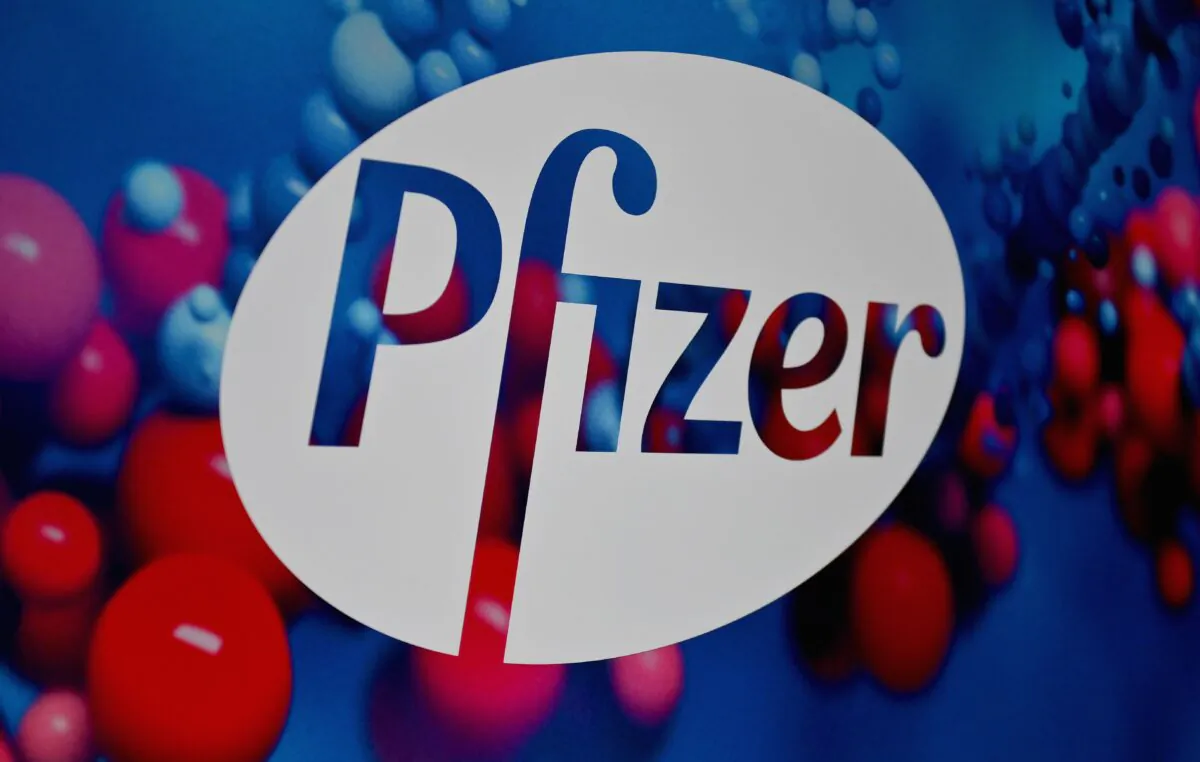 The Pfizer logo is seen at the Pfizer Inc. headquarters in New York City on Dec. 9, 2020. (Angela Weiss/AFP via Getty Images)