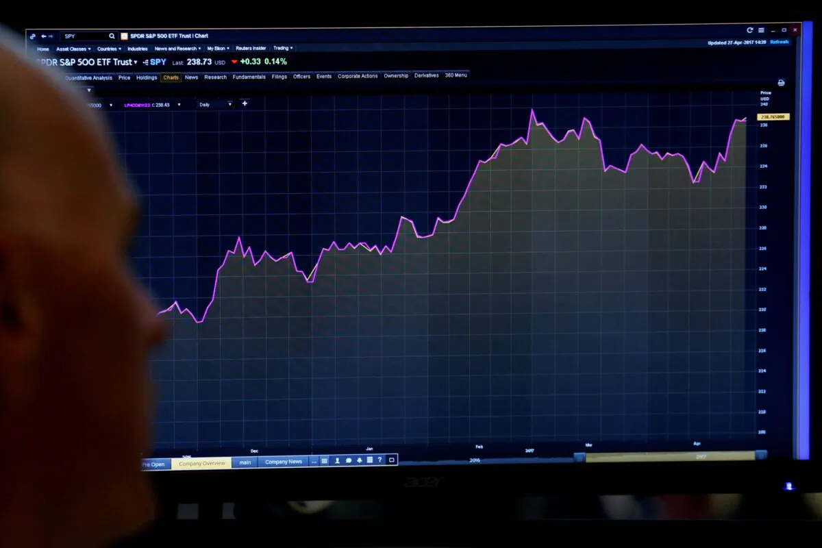 A trader looks at a screen that charts the S&P 500 on the floor of the New York Stock Exchange (NYSE) in New York on April 27, 2017. (Brendan McDermid/Reuters)