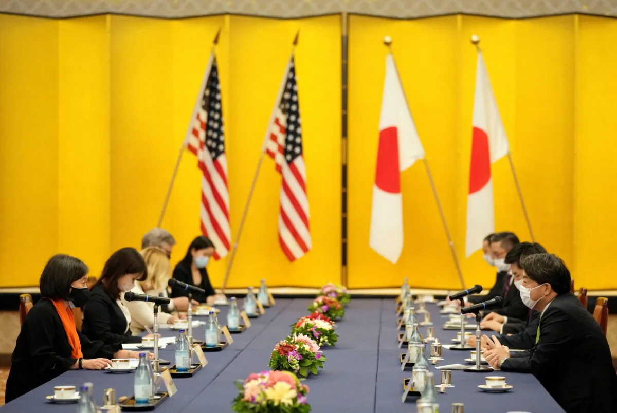U.S. Trade Representative Katherine Tai speaks to Japanese Foreign Affairs Minister Yoshimasa Hayashi at the start of their meeting at the Iikura Guest House in Tokyo, Japan on November 17 2021. (Franck Robichon/Pool via REUTERS)