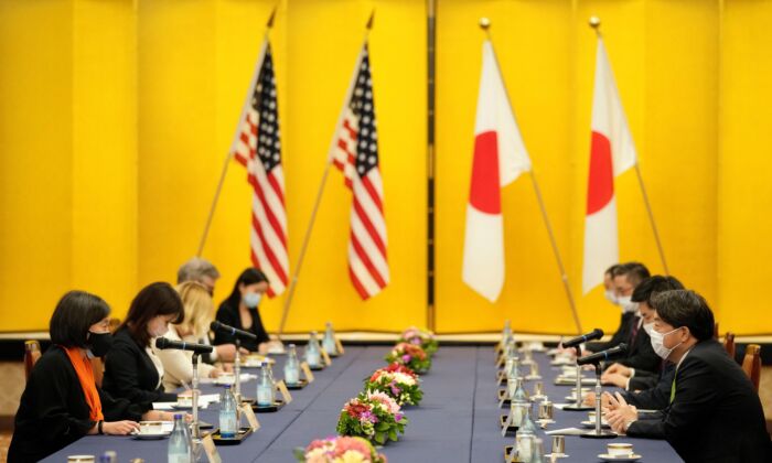 U.S. Trade Representative Katherine Tai speaks to Japanese Foreign Affairs Minister Yoshimasa Hayashi at the start of their meeting at the Iikura Guest House in Tokyo, Japan on November 17 2021. (Franck Robichon/Pool via REUTERS)