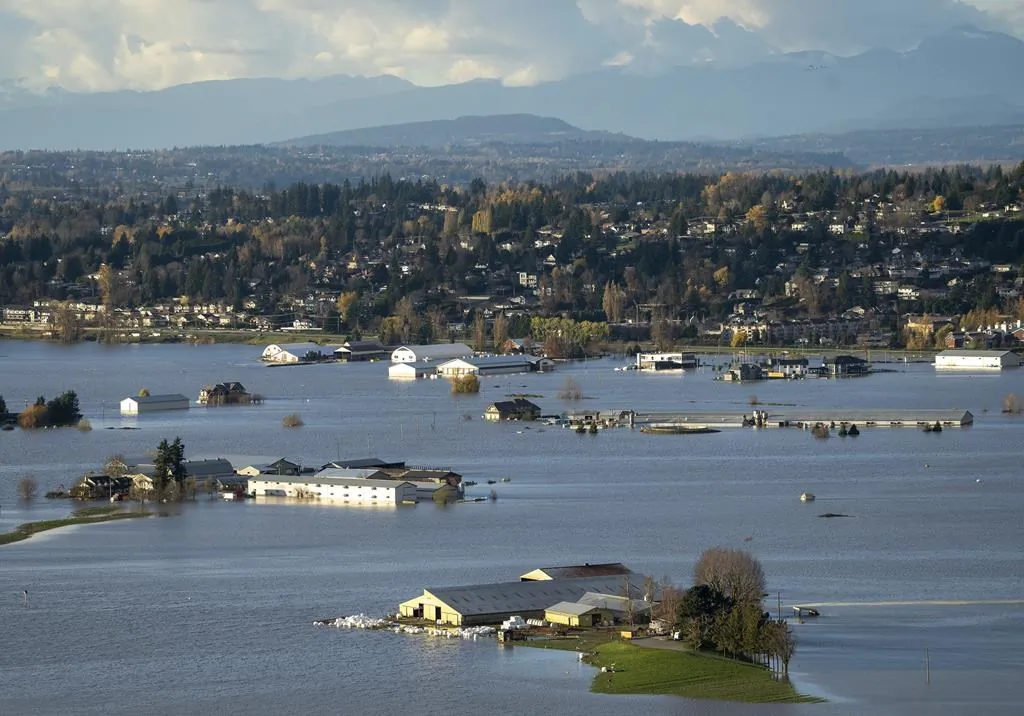 Properties inundated by flood waters are seen in Abbotsford, B.C., Nov. 16, 2021. (The Canadian Press/Jonathan Hayward)