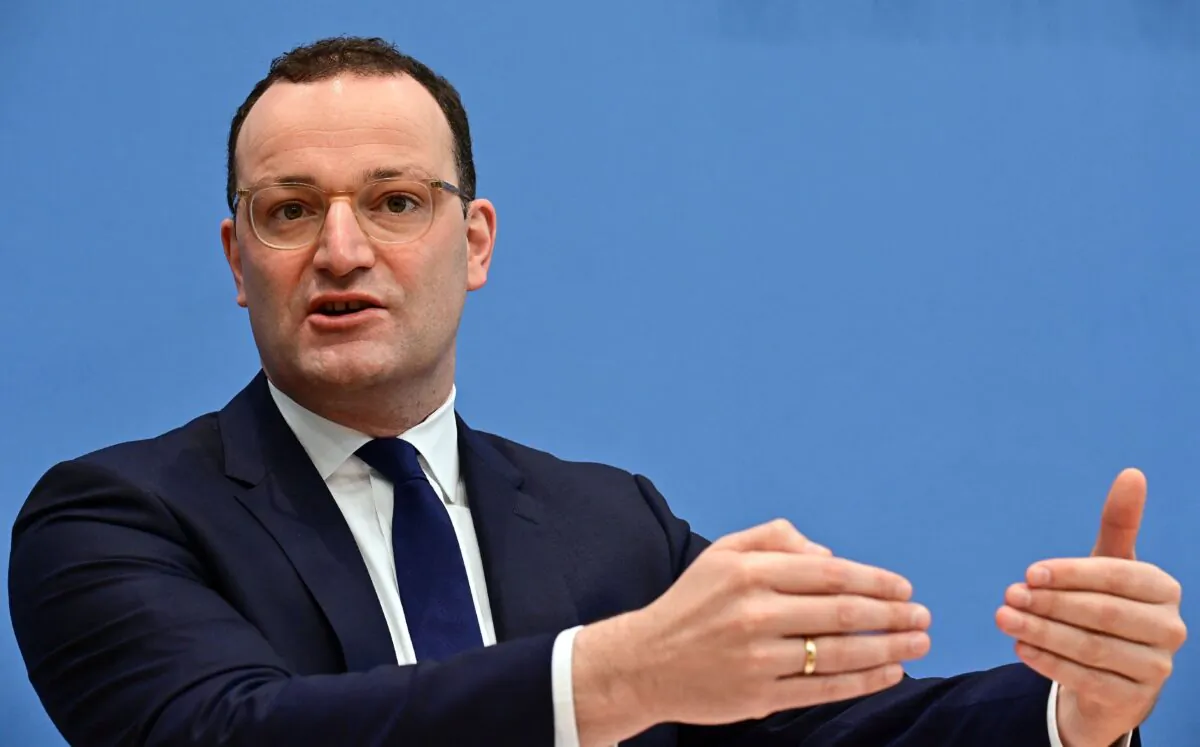 German Health Minister Jens Spahn speaks during a press conference  at the German national agency and research institute for disease control and prevention, Germany, on Nov. 12, 2021. (Tobias Schwarz/AFP via Getty Images)