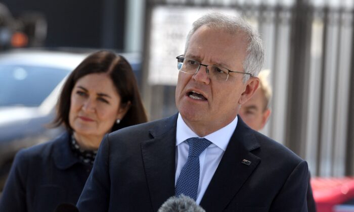Australian Prime Minister Scott Morrison speaks to the media in Melbourne, Australia, on Nov. 9, 2021. (William West/AFP via Getty Images)