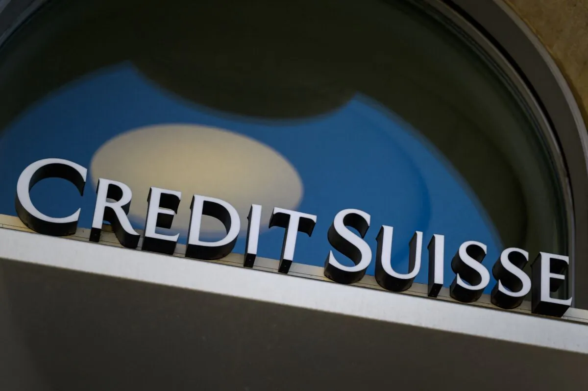 A sign of Swiss banking Credit Suisse is seen on a branch in Lausanne, Switzerland, on April 6, 2021. (Fabrice Coffrini/AFP via Getty Images)
