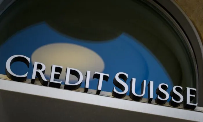 A sign of Swiss banking Credit Suisse is seen on a branch in Lausanne, Switzerland, on April 6, 2021. (Fabrice Coffrini/AFP via Getty Images)