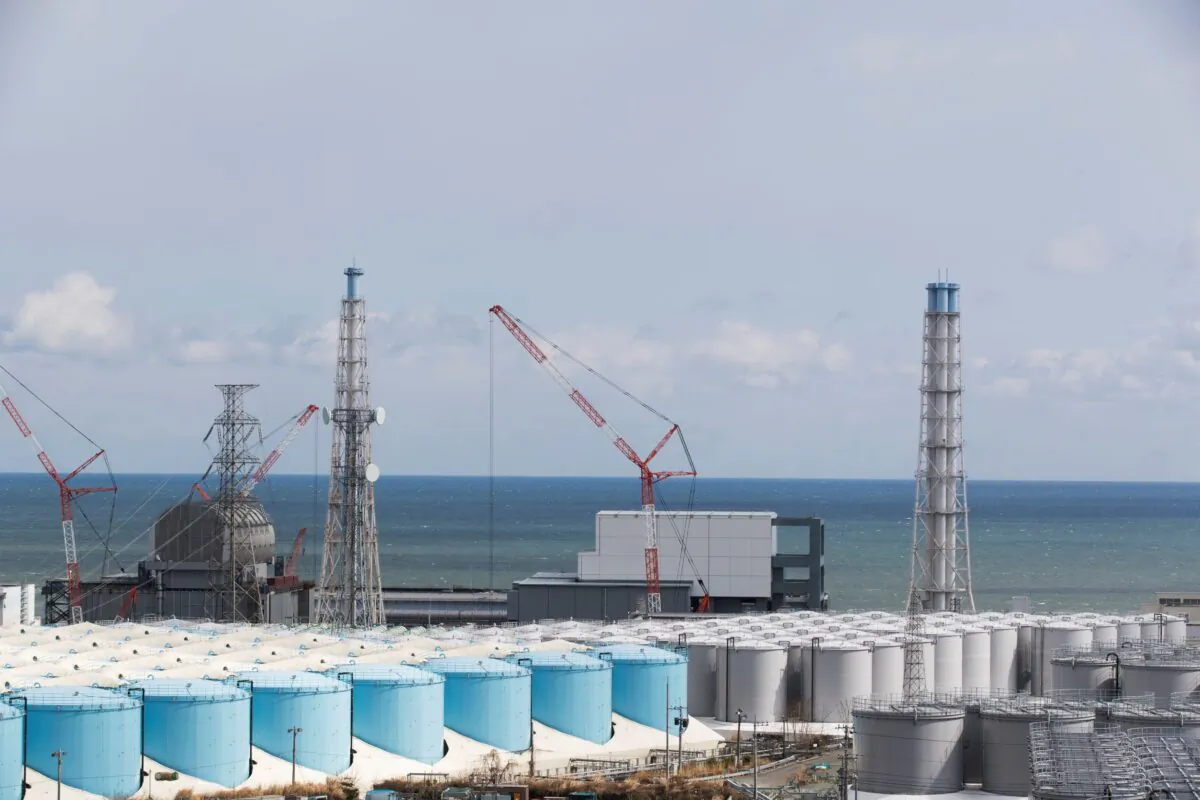 The Pacific Ocean looks over nuclear reactor units of No. 3, left, and 4 at the Fukushima Daiichi nuclear power plant in Okuma town, Fukushima prefecture, northeastern Japan on Feb. 27, 2021. (Hiro Komae/AP Photo/File)