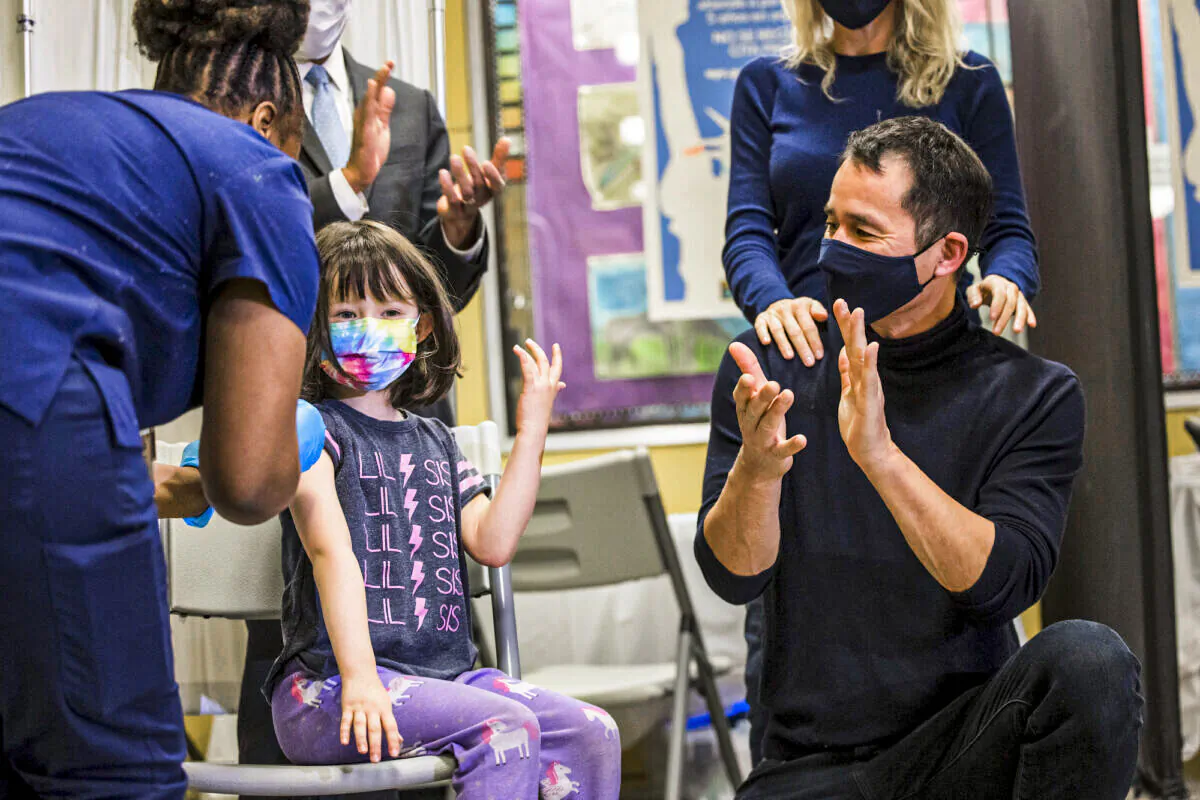 A young girl after receiving the COVID-19 vaccine at a vaccination site at P.S. 19  in the Lower East Side in New York City on Nov. 08, 2021. (Michael M. Santiago/Getty Images)