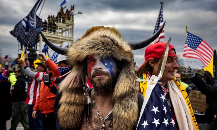 Jacob Chansley is seen outside the U.S. Capitol on Jan. 6, 2021. (Brent Stirton/Getty Images)