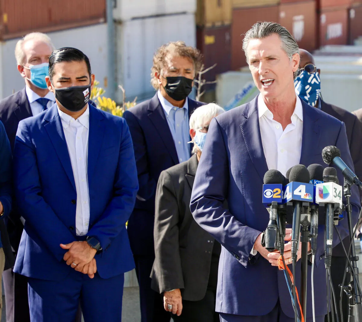 Gov. Gavin Newsom announces that trucks may carry slightly heavier loads to ease the supply chain congestion at the ports of Los Angeles and Long Beach, Calif., on Nov. 17, 2021. (Courtesy of the City of Long Beach)