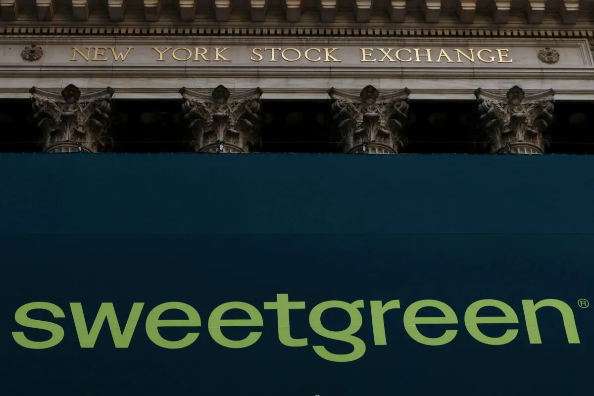 The Sweetgreen logo is displayed on a banner, to celebrate the company's IPO, on the front facade of the New York Stock Exchange (NYSE) in New York City, on Nov. 18, 2021. (Shannon Stapleton/Reuters)
