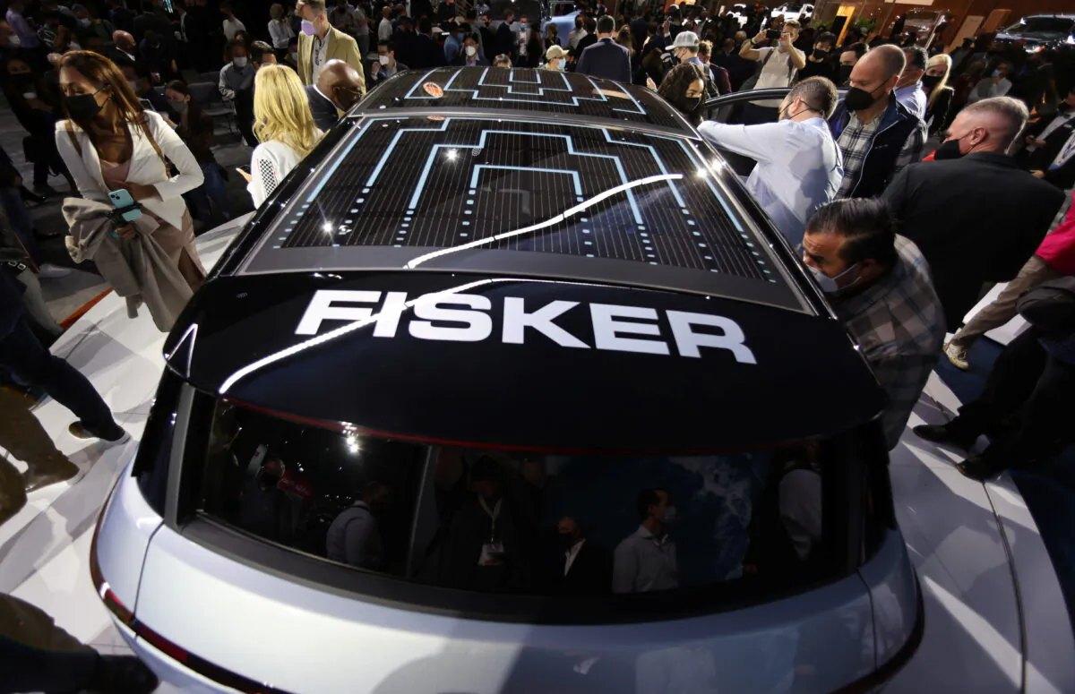 A view of the solar car top of the Fisker Ocean during the 2021 LA Auto Show in Los Angeles on Nov. 17, 2021. (Mike Blake/Reuters)