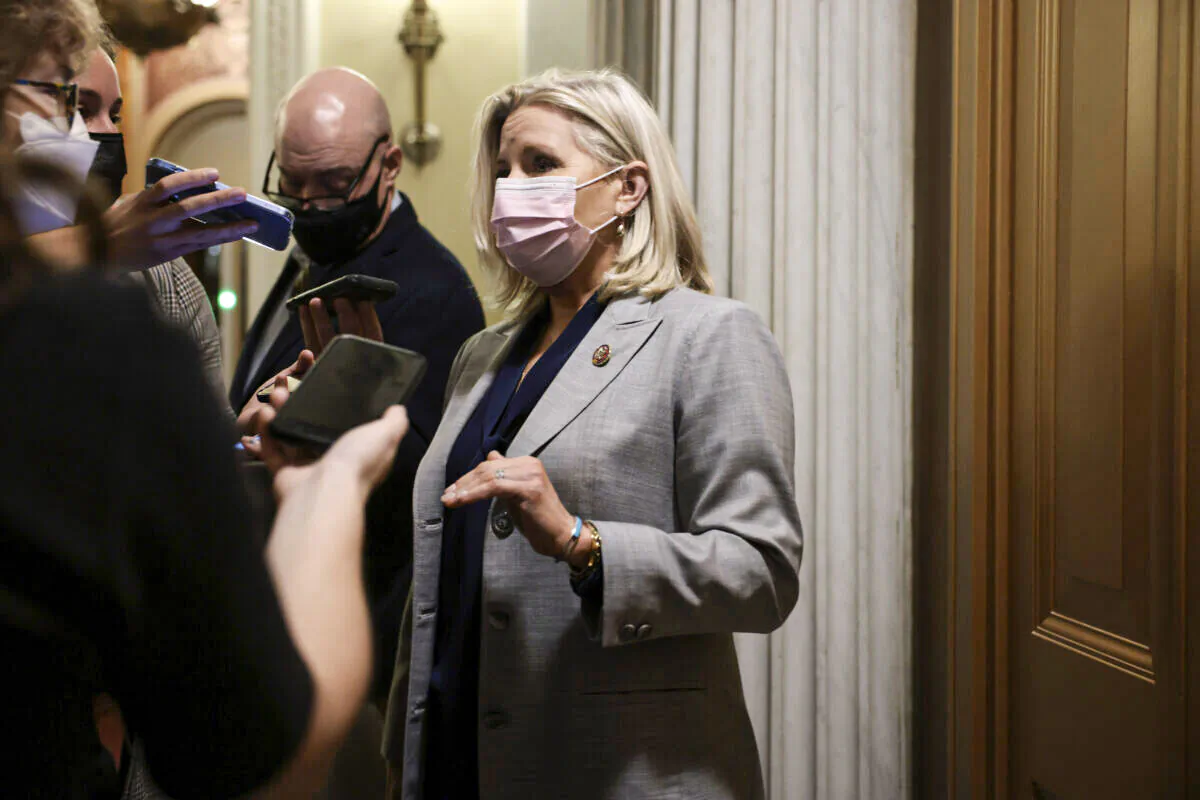 Rep. Liz Cheney (R-WY) speaks with reporters outside of the House Chambers of the U.S. Capitol on October 12, 2021 in Washington, DC. (Anna Moneymaker/Getty Images)