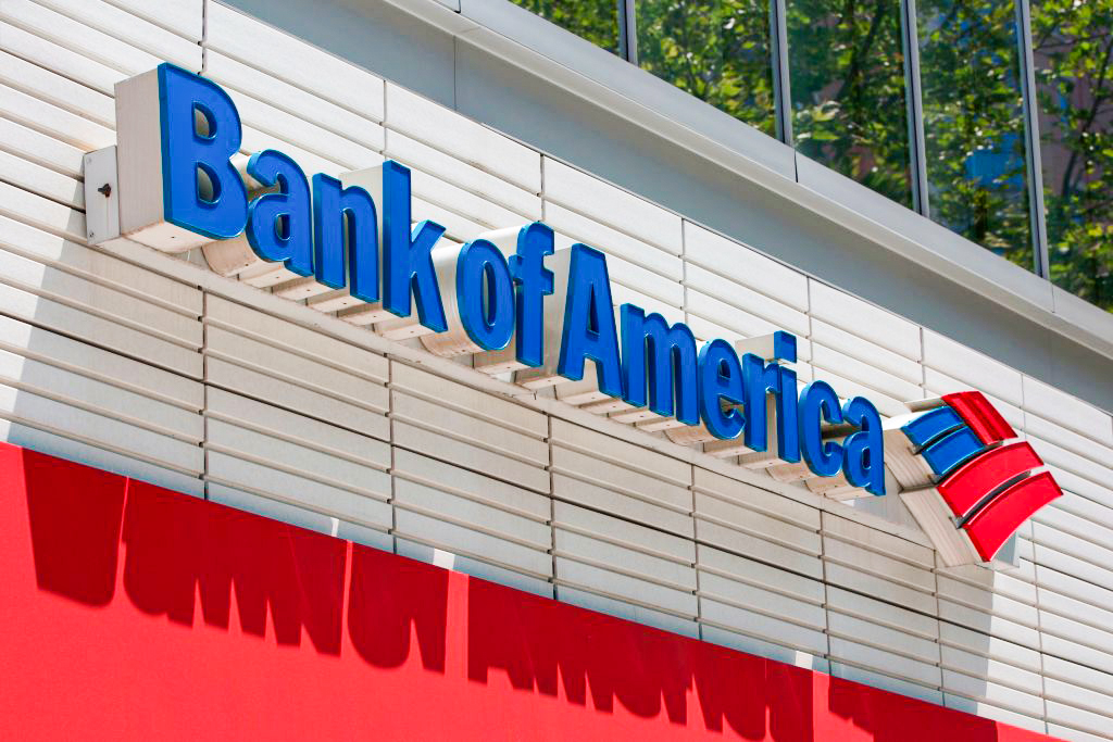 The Bank of America logo is seen outside a branch in Washington on July 9, 2019. (Alastair Pike/AFP/Getty Images)