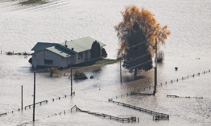A house on a farm is surrounded by floodwaters in Abbotsford, B.C., on Nov. 17, 2021. ( Canadian Press/Darryl Dyck)
