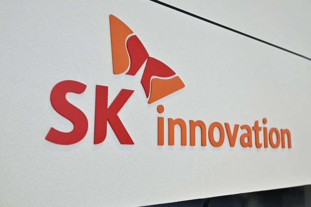 The logo of SK Innovation is seen at the company booth during the InterBattery 2021 exhibition at COEX in Seoul, South Korea, on June 11, 2021. (Jung Yeon-je/AFP via Getty Images)