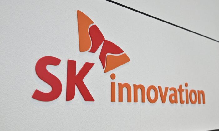 The logo of SK Innovation is seen at the company booth during the InterBattery 2021 exhibition at COEX in Seoul, South Korea, on June 11, 2021. (Jung Yeon-je/AFP via Getty Images)