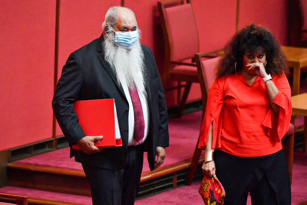 Senator Patrick Dodson and Senator Malarndirri McCarthy arrive in the Senate at Parliament House on October 06, 2020 in Canberra, Australia (Photo by Sam Mooy/Getty Images)