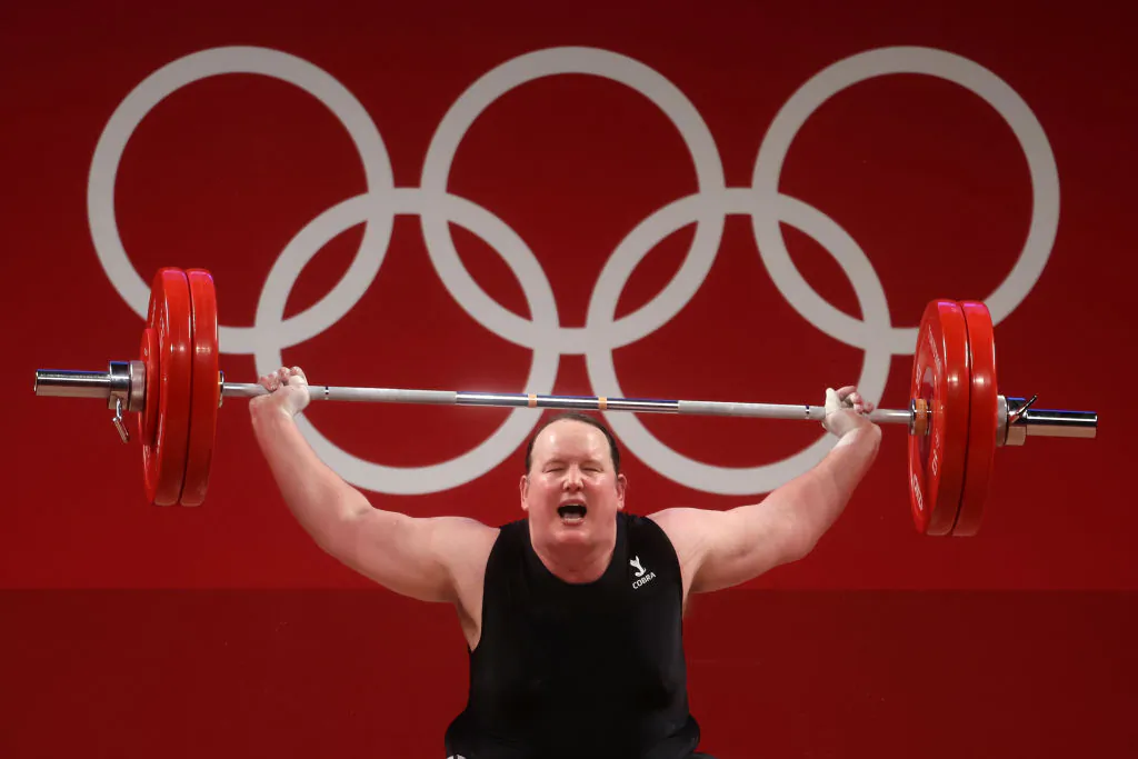 Laurel Hubbard of Team New Zealand competes during the Weightlifting - Women's 87kg+ Group A on day ten of the Tokyo 2020 Olympic Games at Tokyo International Forum on August 02, 2021 in Tokyo, Japan. (Chris Graythen/Getty Images)