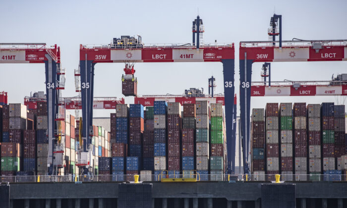 Cargo awaits unloading from ships off the Port of Long Beach, Calif., on Oct. 27, 2021. (John Fredricks/  Pezou)