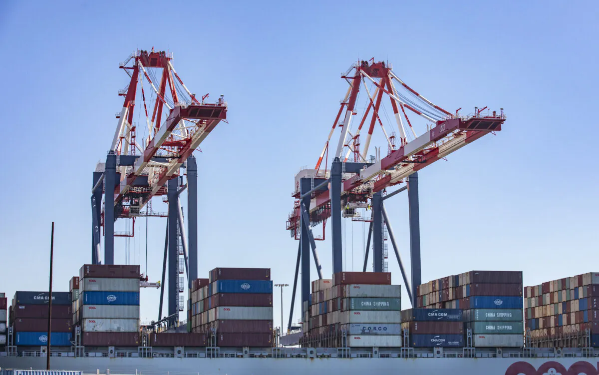 Cargo awaits unloading from ships off the Port of Long Beach, Calif., on Oct. 27, 2021. (John Fredricks/The Epoch Times)