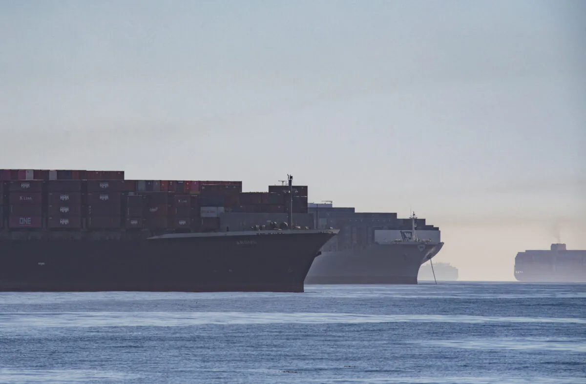 Cargo awaits unloading from ships off the Port of Long Beach, Calif., on Oct. 27, 2021. (John Fredricks/The Epoch Times)