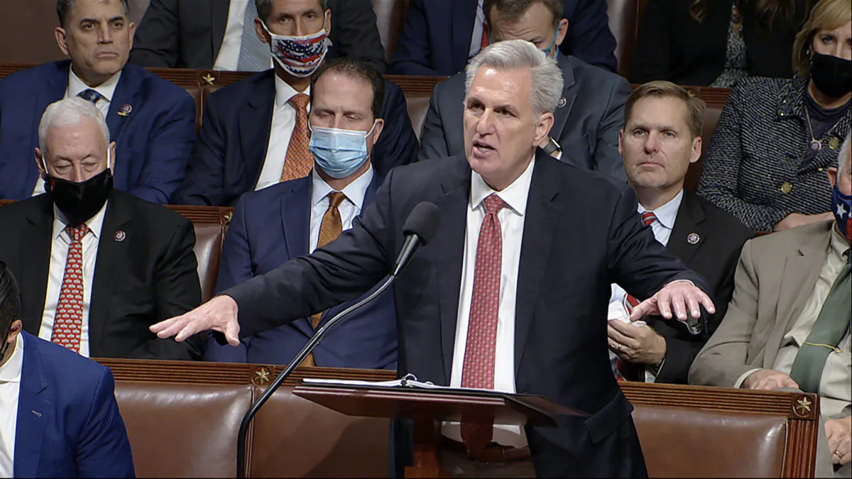 In an image pulled from video, House Minority Leader Kevin McCarthy (R-Calif.) speaks on the House floor during debate on the Democrats' expansive social and environmental bill at the Capitol in Washington on Nov. 18, 2021. (House Television via AP)