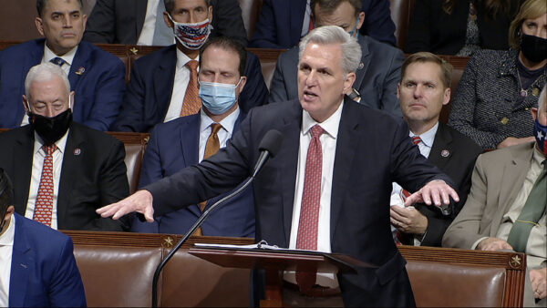 In this image from House Television, House Minority Leader Kevin McCarthy (R-Calif.) speaks on the House floor during debate on the Democrats' expansive social and environment bill at the U.S. Capitol in Washington on Nov. 18, 2021. 