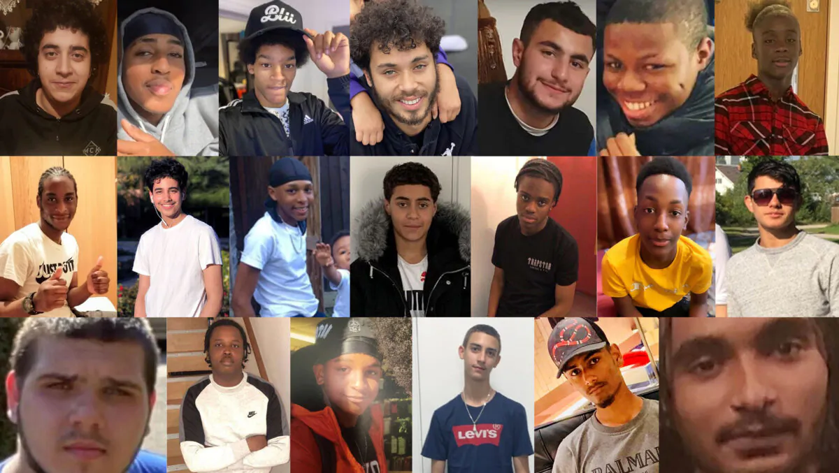 Composite image of London homicide victims from 2021 issued by the Met police on Nov. 19, 2021. (top row, left to right) Anas Mezenner, 17, Hani Solomon, 18, Drekwon Patterson, 16, Tai Jordan O'Donnell, 19, Ahmed Beker , 19, Camron Smith, 16, and Damarie Omare Roye, 16. (second row, left to right) Mazaza Owusu-Mensah, 18, Hussain Chaudhry, 18, Levi Ernest-Morrison, 17, Fares Maatou, 14, Abubakkar Jah, 18, Tamim Ian Habimana, 15, and Hazrat Wali, 18. (third row, left to right) Daniel Laskos, 16, Denardo Samuels-Brooks, 17, Jalan Woods-Bell, 15, Keane Flynn-Harling, 16, Kamran Khalid, 18, and Taylor Cox, 19. (PA/Metropolitan Police)