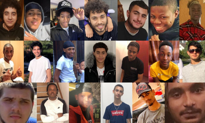 A composite image of the 2021 London murder victims issued by the Metropolitan Police on November 19, 2021.  (Top, left to right) Anas Mezenner, 17, Hani Solomon, 18, Drekwon Patterson, 16, Tai Jordan O'Donnell, 19, Ahmed Beker, 19, Camron Smith, 16, Damarie Omare Roye, 16.  (2nd line, left to right) Mazaza Owusu-Mensah, 18, Hussain Chaudhry, 18, Levi Ernest-Morrison, 17, Fares Maatou, 14 Abubakkar Jah, 18 years old, Tamim Ian Habimana, 15 years old, Hazrat Wali, 18 years old (3rd row, left to right) Daniel Laskos, 16 years old, Denardo Samuels-Brooks, 17 years old, Jalan Woods-Bell, 15 years old, Keane Flynn-Harling, 16 years old, Kamran Khalid, 18 years old, Taylor Cox, 19 years old ..  (PA / Metropolitan Police Department)