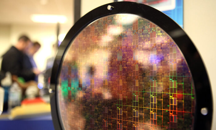 A silicon wafer on display  in San Jose, Calif., on March 23, 2011. (Justin Sullivan/Getty Images)
