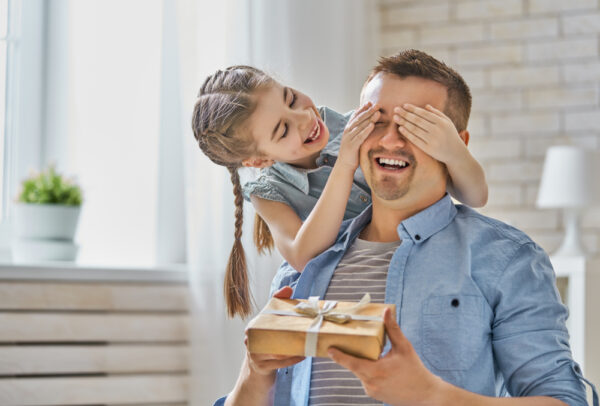 Happy,Father's,Day!,Child,Daughter,Congratulating,Dad,And,Giving,Him