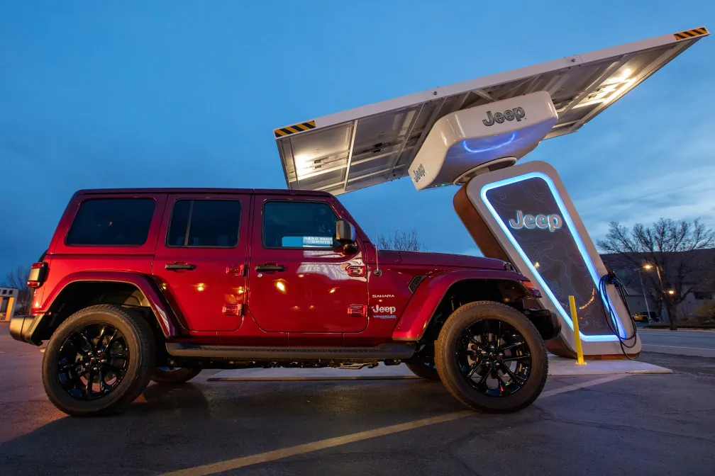 Electrified Wrangler 4xe at a Jeep charging station. (Courtesy of Jeep/Stellantis)