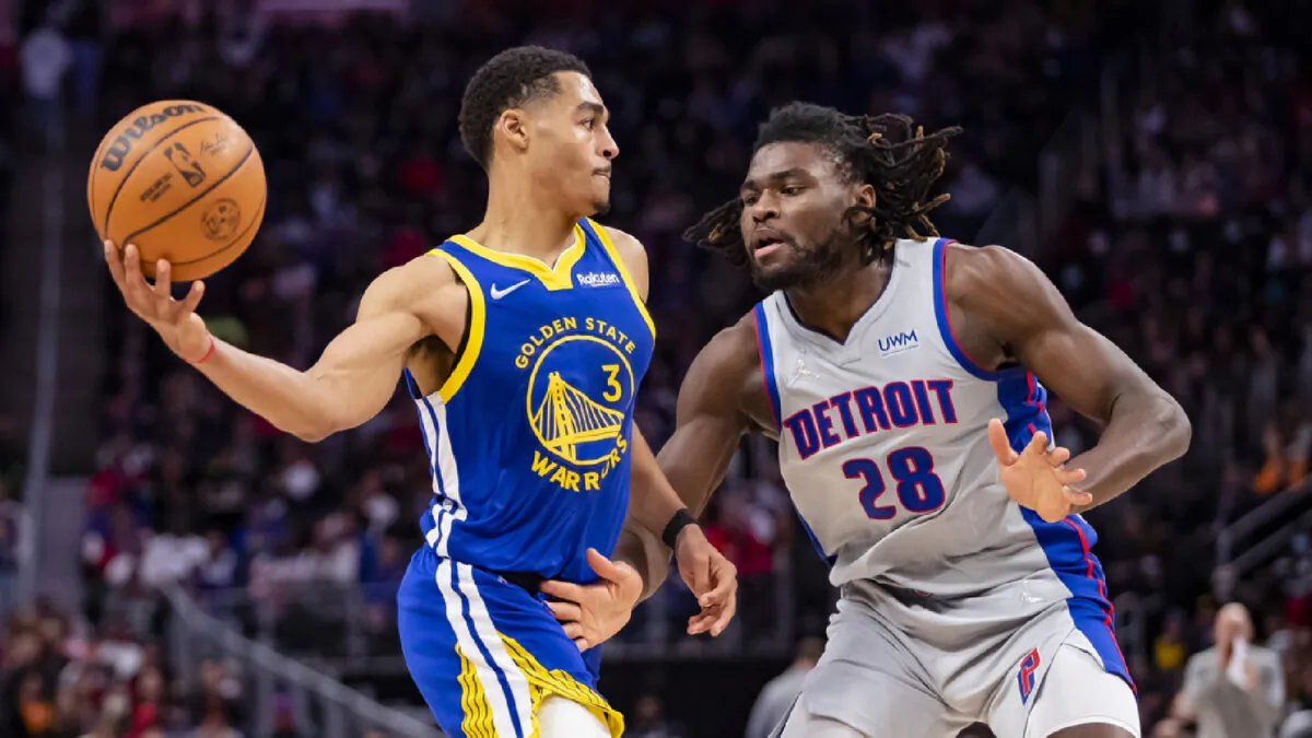 Golden State Warriors guard Jordan Poole (3) looks to pass the ball against Detroit Pistons center Isaiah Stewart (28) during the second quarter at Little Caesars Arena in Detroit, Mich., on Nov 19, 2021. (Raj Mehta/USA TODAY Sports via Field Level Media)