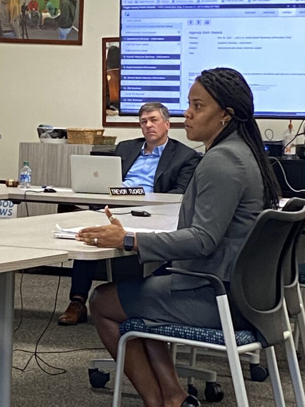 LaShakia Moore, Director of Teaching and Learning at Flagler County School District, provides policy information to the school board members regarding procedures for challenged materials at the Nov. 16 workshop.