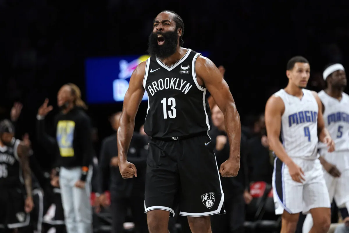Brooklyn Nets guard James Harden reacts during the second half of an NBA basketball game against the Orlando Magic, in New York, on Nov. 19, 2021. (Mary Altaffer/AP Photo)