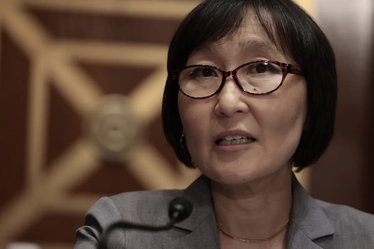 Saule Omarova speaks during her nomination hearing to be the Comptroller of the Currency with the Senate Banking, Housing and Urban Affairs Committee on Capitol Hill in Washington on Nov. 18, 2021. (Anna Moneymaker/Getty Images)