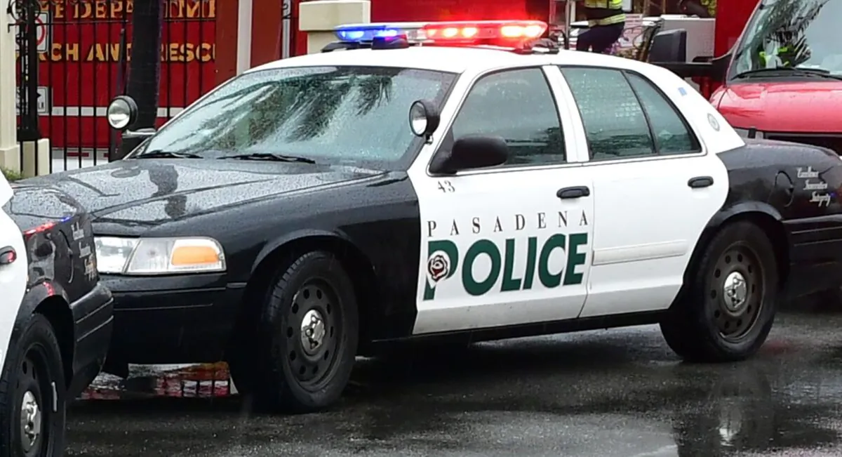 A Pasadena police car in front of Huntington Hospital in Pasadena, Calif., on April 9, 2020. (Frederic J. Brown/AFP/Getty Images)