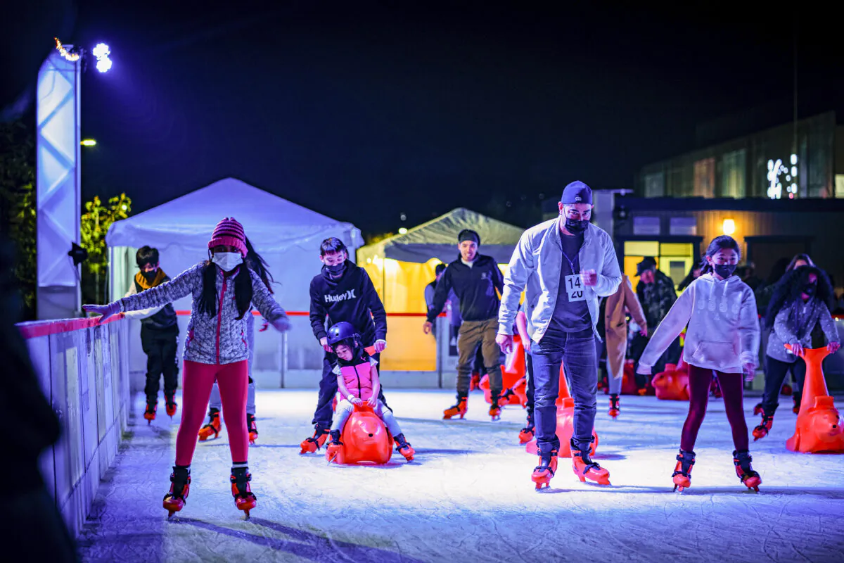 People ice skate at the opening ceremony at the Kristi Yamaguchi Holiday Ice Rink at City Center Bishop Ranch in San Ramon, Calif., on Nov. 17, 2021. (Credit: City Center Bishop Ranch)