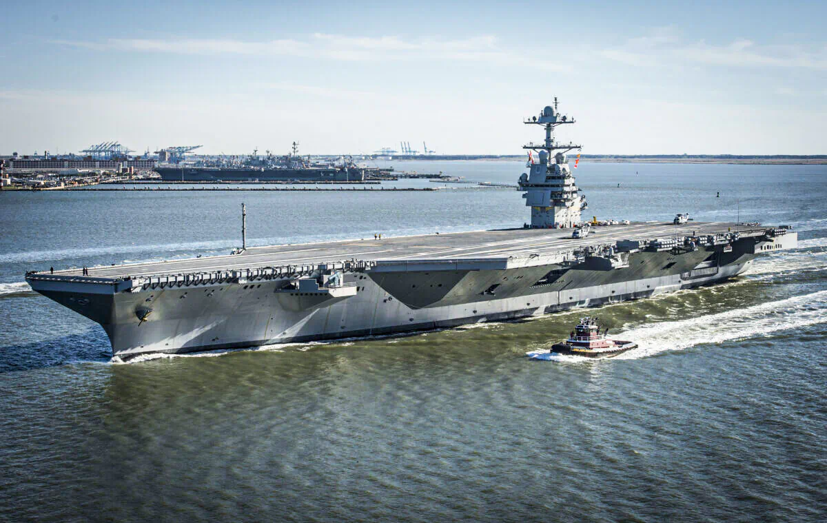 The future USS Gerald R. Ford (CVN 78) is seen underway on its own power for the first time in Newport News, Va., on April 8, 2017. (Mass Communication Specialist 2nd Class Ridge Leoni/U.S. Navy via Getty Images)