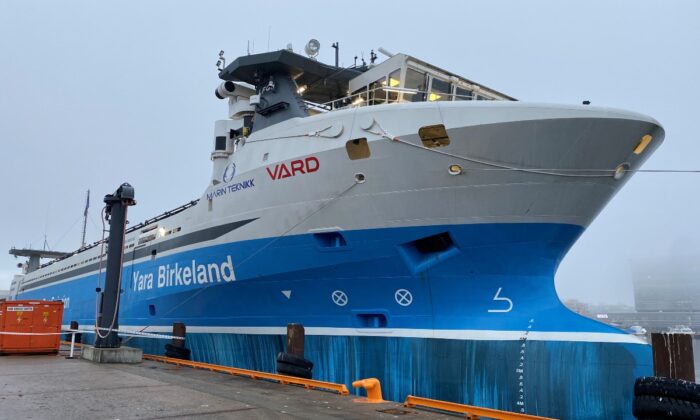 Yara Birkeland, the world's first fully electric and autonomous container vessel, is moored in Oslo, Norway, on Nov. 19, 2021. (Victora Klesty/Reuters)